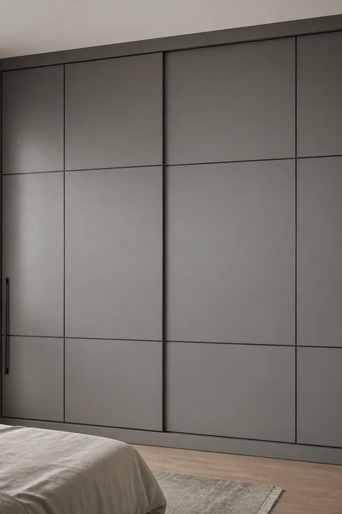 A bedroom wall with a sliding almirah in matte ash grey. The shutters have narrow black vertical and horizontal frame lines. Handles are slim black bars, and the top edge looks flush with a simple crown strip.