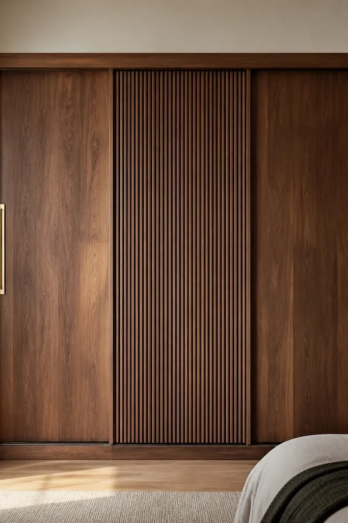 A sliding almirah in warm walnut tone. Two outer shutters are solid walnut, while the center shutter has vertical wood slats in the same walnut finish. The handles are brushed brass or warm gold bars.