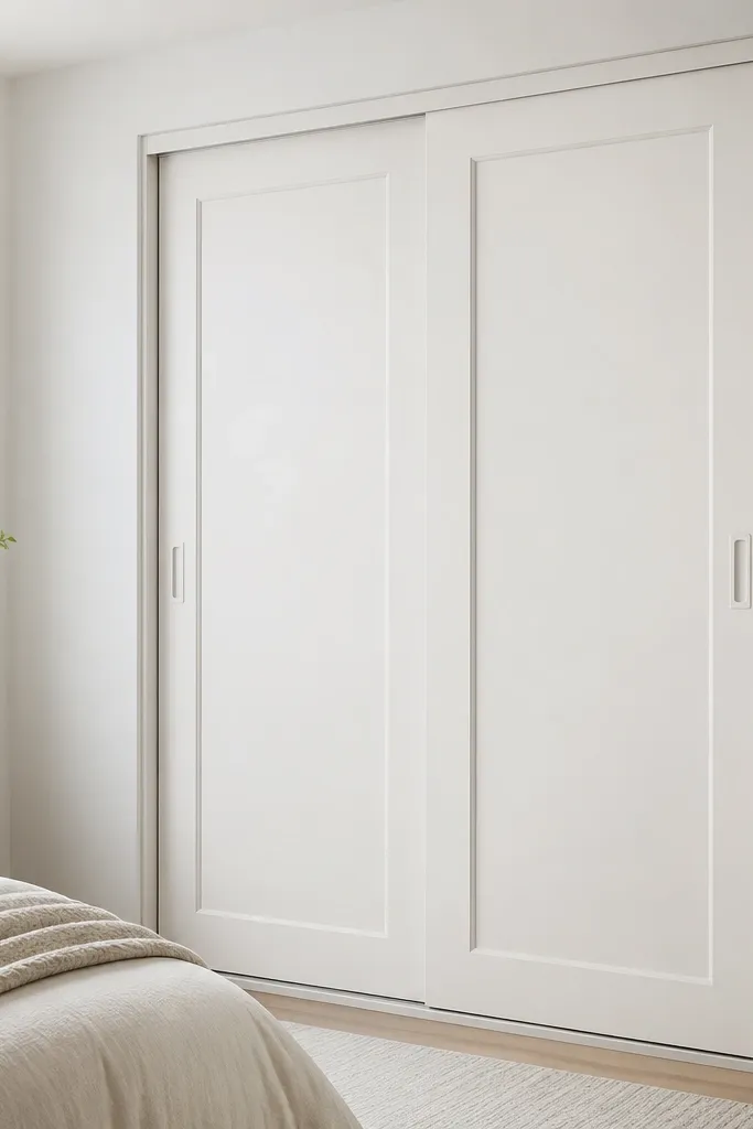 A bright white sliding almirah with recessed rectangular panels on each shutter. The panels create shallow shadows. Handles are white-on-white or very light grey, and the frame is slim.