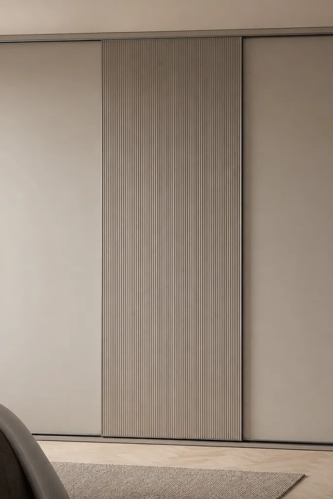 A sliding almirah in greige with two shades: light greige on outer shutters and a slightly darker greige on the center. The center has a vertical stripe pattern in matte finish. Handles are dark grey.