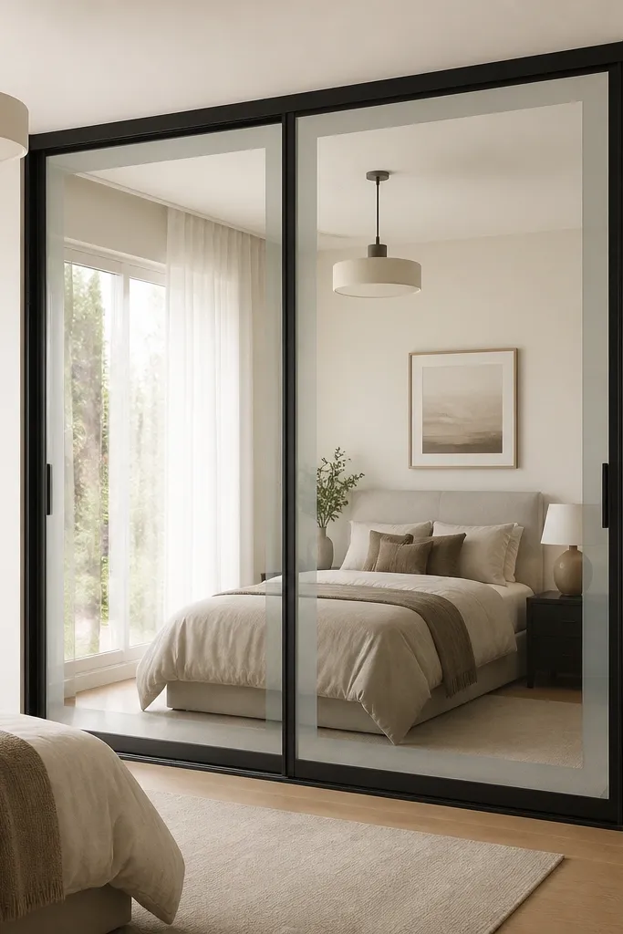 A sliding almirah where each shutter has a large mirror panel. The mirror edges have a frosted border strip, and the frame is matte black. Handles are slim black.
