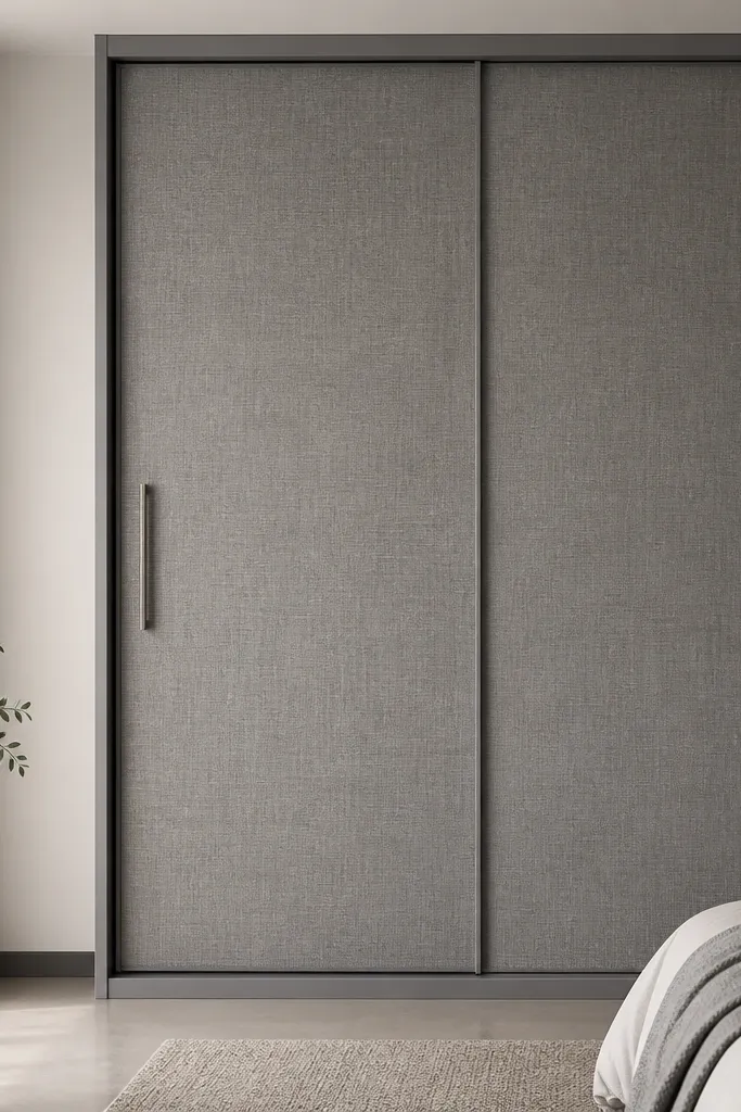 A smoke grey sliding almirah with two shutters showing fabric-like textured panels. The texture looks like woven linen but in grey. The frame is minimal, and handles are grey metal bars.