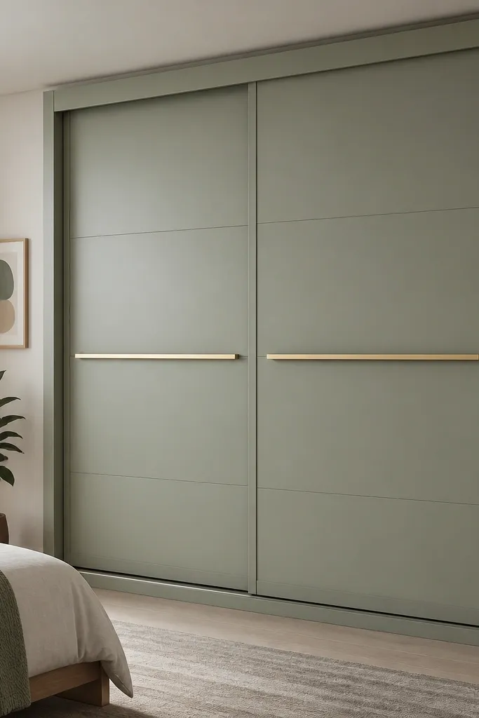A sage green sliding almirah with smooth lacquer-like matte finish. The shutters are solid with no heavy patterns. Brass-colored horizontal pulls run across each shutter section.