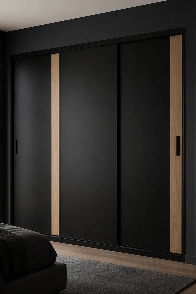 A nearly all-black sliding almirah in graphite. There's a light oak vertical strip running along the edges of the shutters, and the center section is solid black. Handles are black.