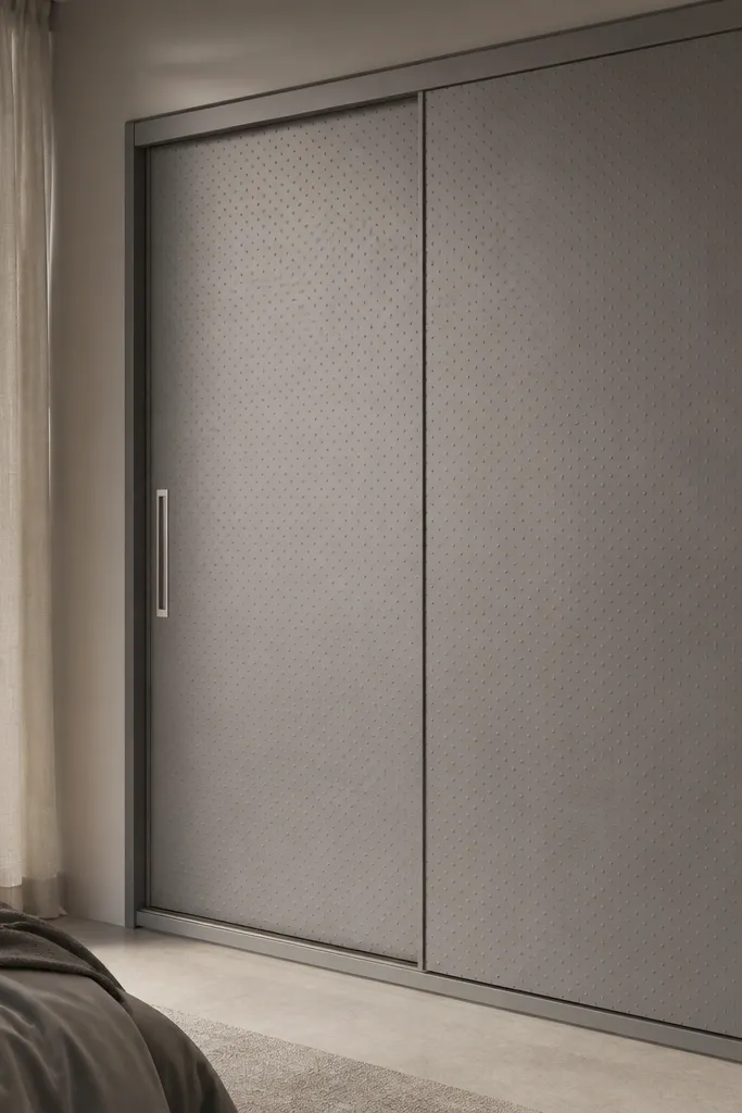 A stone grey sliding almirah where the shutters have a subtle micro-studded pattern, like tiny raised dots. The frame is simple and the handles are brushed steel.
