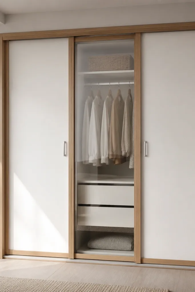 A sliding almirah in white with oak-toned frames. One shutter section has clear glass, while the rest are solid panels. Handles are simple and in brushed nickel.