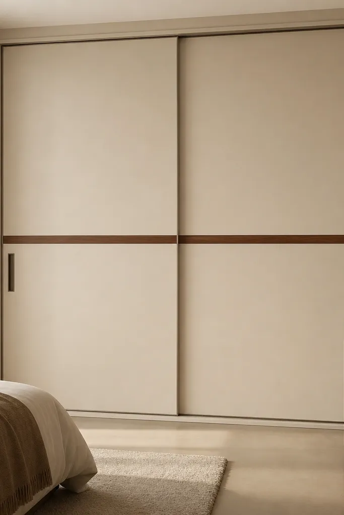 Cream-colored sliding almirah shutters with a single horizontal walnut line running across the height. The frame is minimal and handles are walnut or dark brown.