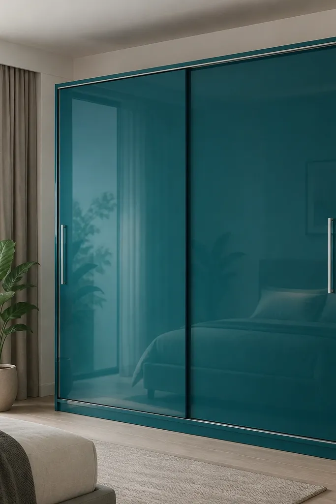 A teal sliding almirah in high-gloss finish. There's a narrow chrome strip along the edges and chrome bar handles. The shutters are mostly solid with clean reflections.