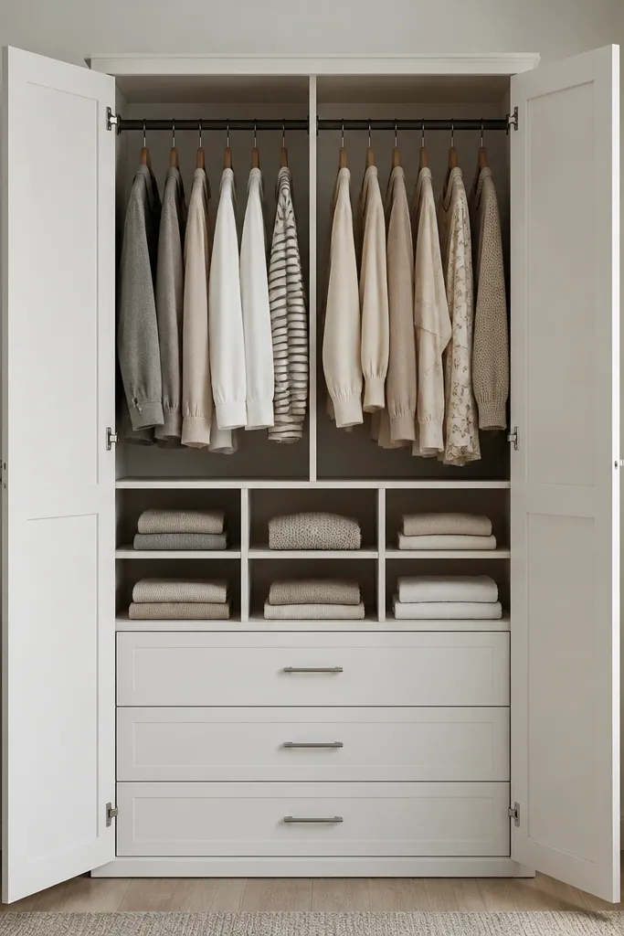 A tall white shaker-panel almirah with a matte finish. Two vertical doors open to reveal two separate hanging sections, each with a dark metal rail. The bottom section has three drawers with brushed silver handles and a row of folded shelves above.