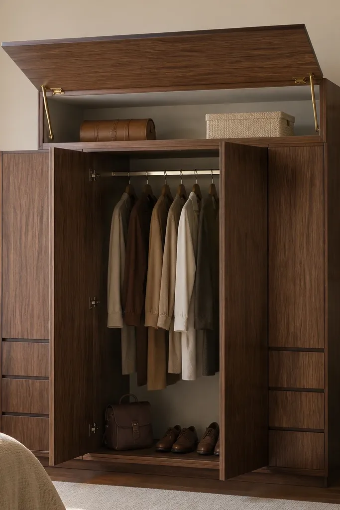 A walnut-brown veneer almirah with a warm tone. The top third has a lift-up flap door, showing a storage compartment lined in light beige fabric. Below it are two hinged doors with internal shelves and a center hanging rail, plus slim drawer strips on the sides.