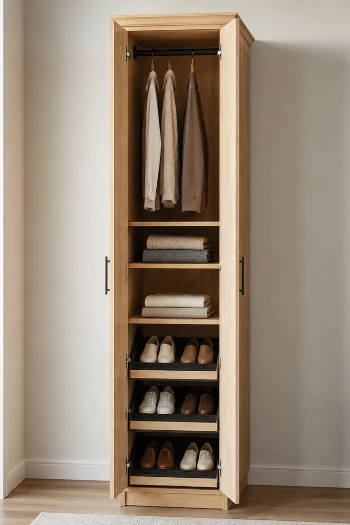 A narrow wardrobe in light oak, only about 60 cm wide. It has two doors and inside, pull-out shoe trays with black rubber mats. Above the trays, there are folded shelves and one compact hanging rod. The top edge has a thin crown molding detail.