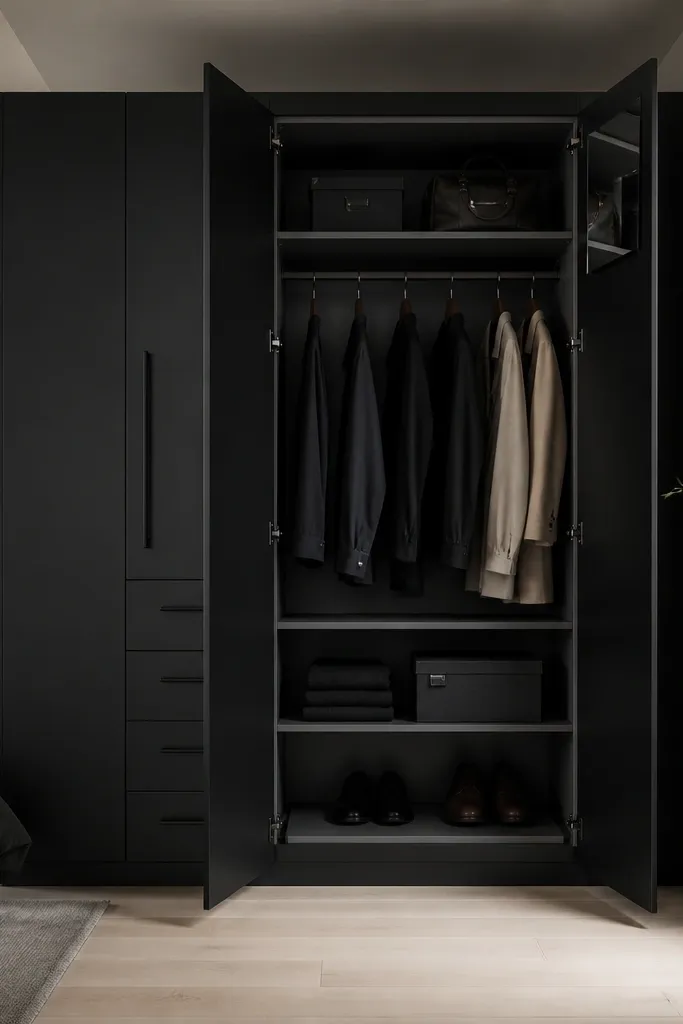 A matte black almirah with minimal flat doors. One side has a hidden drawer column with long vertical pulls, and the other side has a small glass-front niche at the top. The interior shelves are painted dark grey and the hanging rail is black.