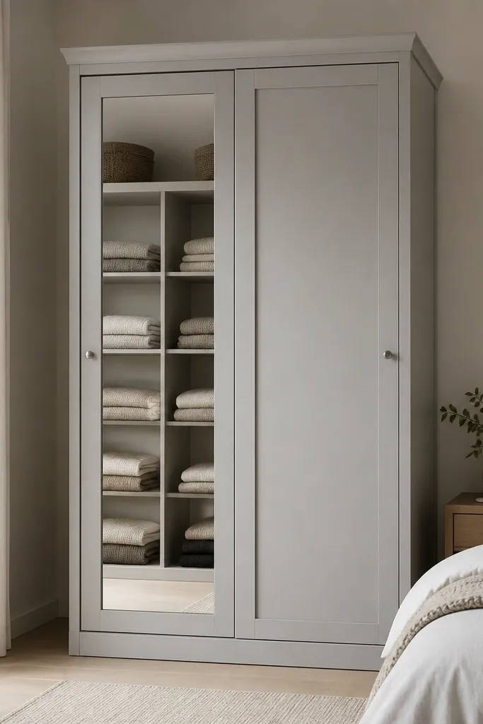 A light grey wardrobe with one full-height mirror on the left door and a solid right door. Inside, the center has wide folded shelves with a vertical divider, and the top has a hat shelf. There's no clutter - only neatly stacked items are visible from the mirror reflection.