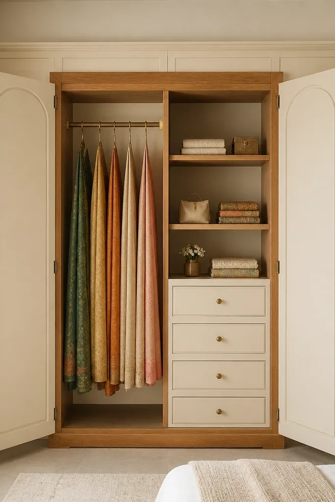 A cream-and-oak wardrobe with oak framing around a central compartment. The left side has a hanging rail dedicated to sarees with multiple hooks. The right side has drawers and shelves, and the doors have arched panels.