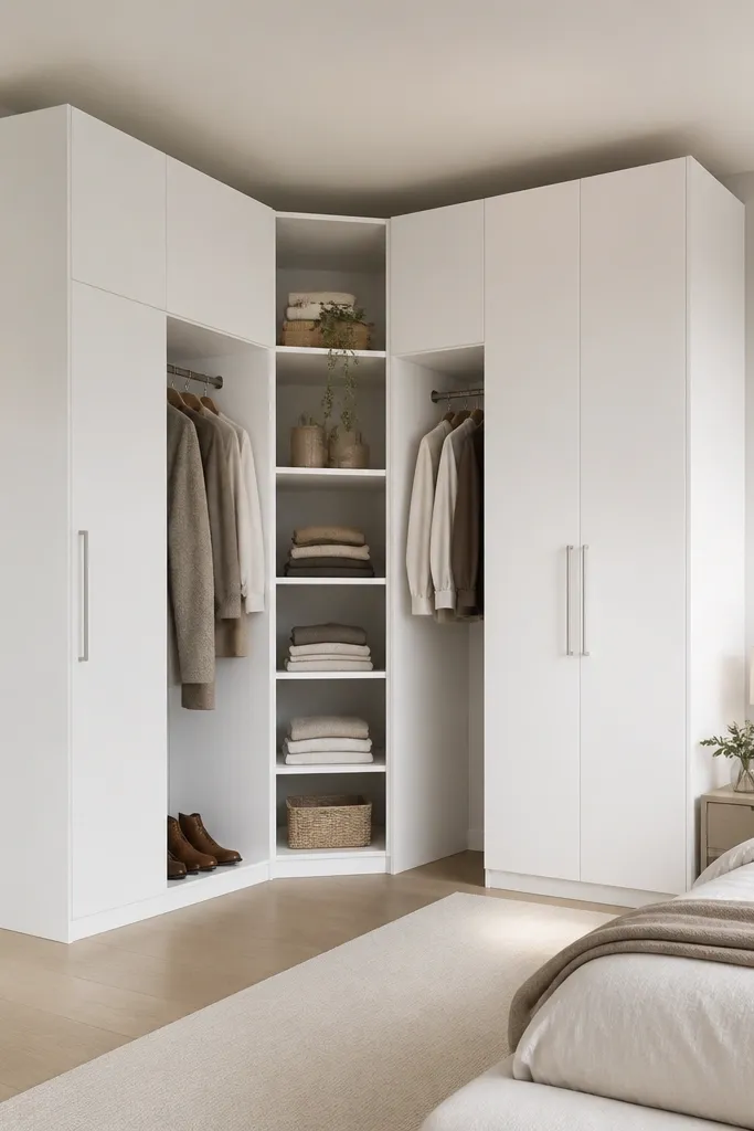 A corner wardrobe in white laminate forming an L shape. The inside corner has shelves that are angled, and both sides have hanging rods. The unit stops short of the walkway, leaving a clear path to the bed.