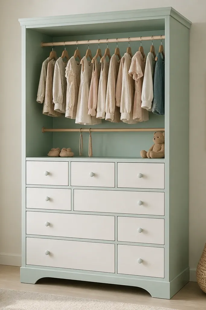 A tall wardrobe in pastel mint with white drawers. The bottom half is all drawers in different widths, and the top has a single hanging section with a lower rail. There are small round knobs and a child-friendly matte finish.