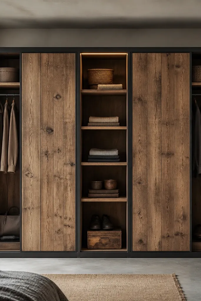 A wardrobe with reclaimed-looking wood panels and black metal frames. The doors are simple slabs, while the middle section has an open shelf unit with visible compartments. There are two hanging sections on either side.