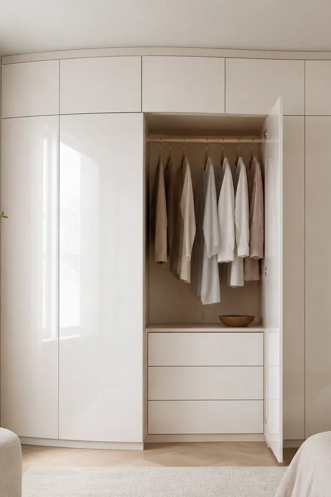 A glossy white wardrobe with flush doors and no visible handles. The top has a cabinet strip with a gentle curve. Inside, there are drawers with matching glossy fronts and a hanging section with a light wood rail.