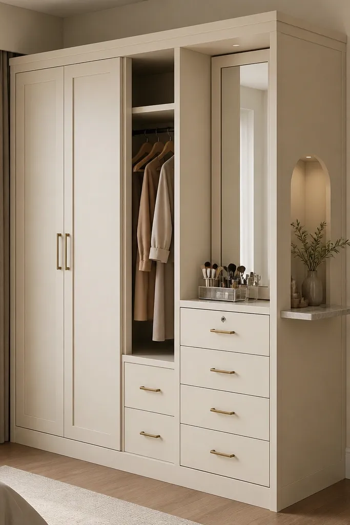 A cream shaker almirah with a side panel cutout that holds a small countertop shelf. There's a mirror above a narrow section, and the rest has hanging space and drawers. The mirror reflects a small makeup organizer.