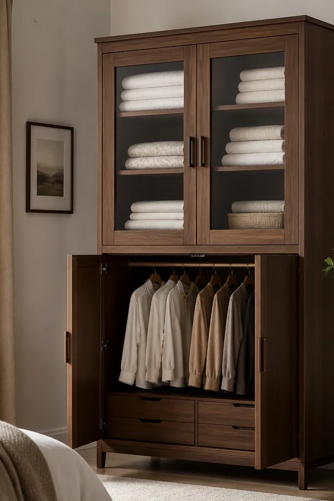 A walnut wardrobe with two upper glass doors and two solid lower doors. Inside the glass section, folded bedsheets and neatly stacked towels are visible. The lower part has drawers and a hanging rail.