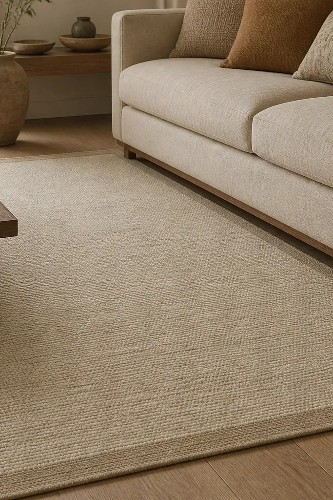 A light oatmeal flatweave rug with a narrow border line, placed under a beige sofa. The border is slightly darker than the main field, and the texture shows through with small visible weave lines.