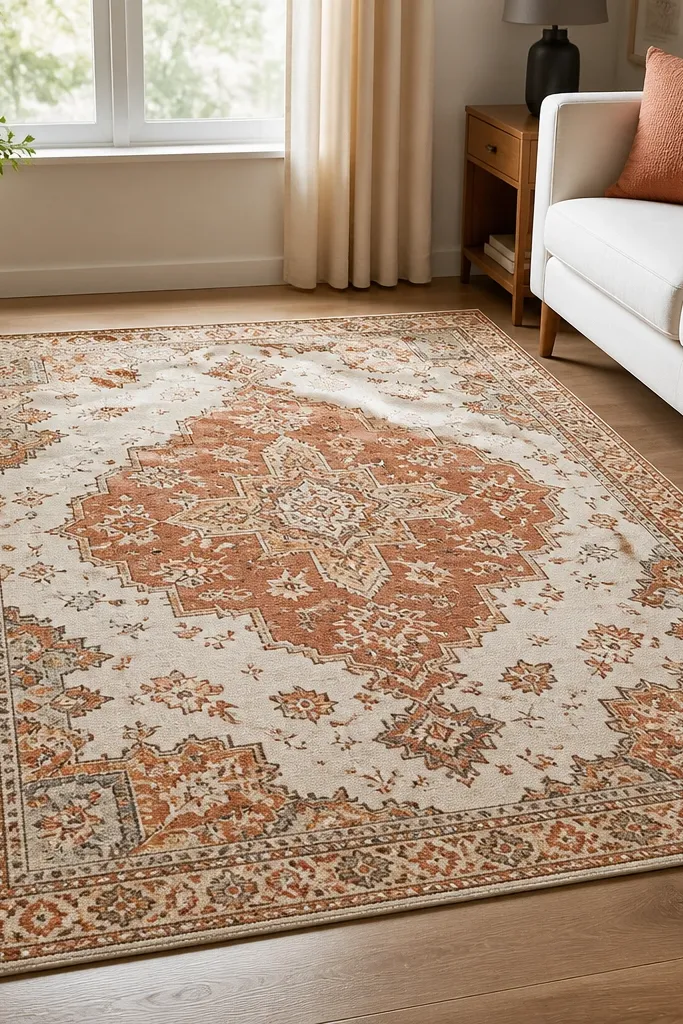 A budget-friendly patterned rug with a terracotta and rust medallion center, cream background, and a thin border. The pattern is bold but not black-heavy.