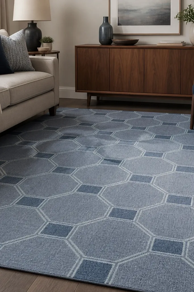 A geometric rug with a blue-gray background and connected shapes in slightly darker and lighter tones. The pattern is clean and evenly spaced.