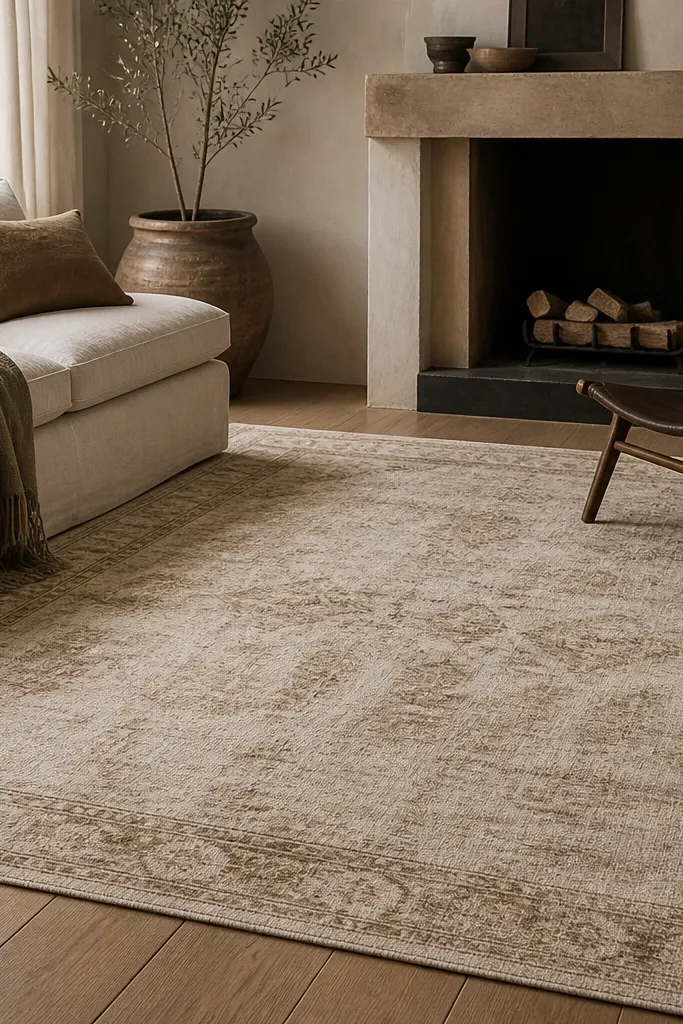 A distressed vintage-style rug in oatmeal and light tan with subtle faded areas, a muted border, and low pile texture.