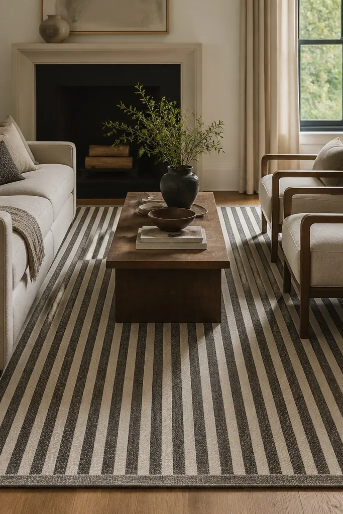 A long narrow rug with charcoal and cream stripes, placed lengthwise under a sofa and two chairs. The rug has a subtle border and low pile.