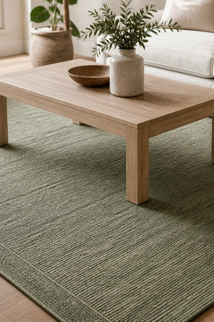 A sage green flatweave rug with a woven texture, subtle variation in tone, and a simple border. It sits under a light wood coffee table.