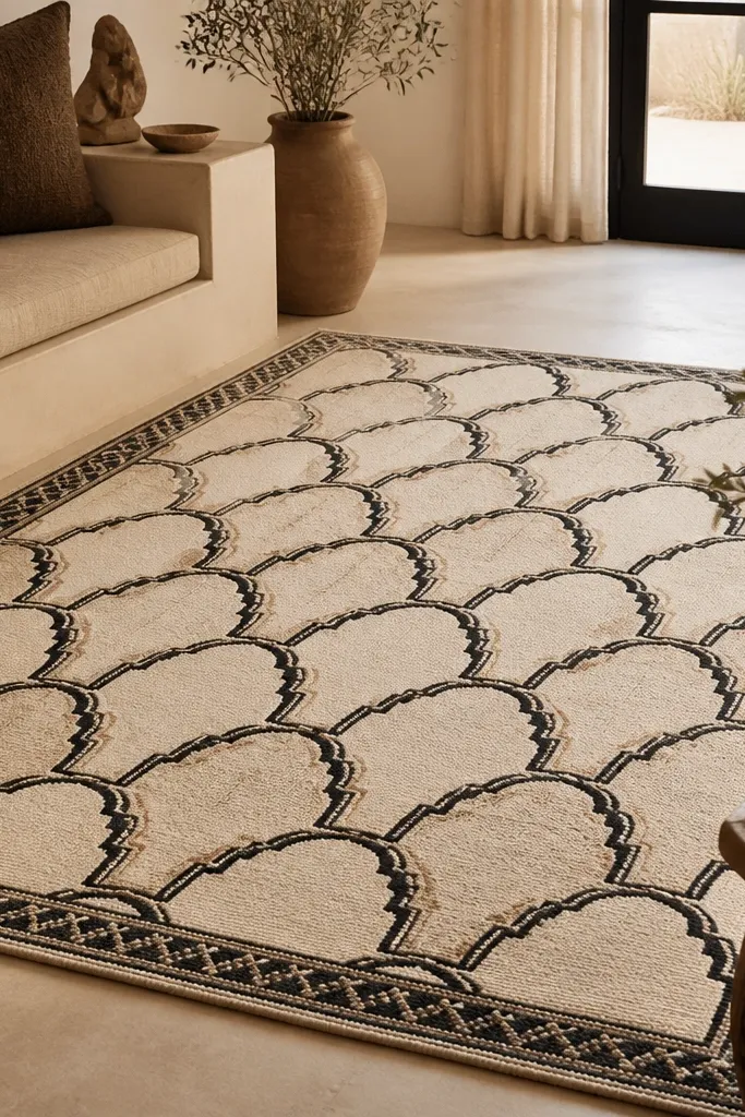 A Moroccan-inspired rug pattern with repeating arches in black and oatmeal on a cream base. Low pile and a bordered edge.