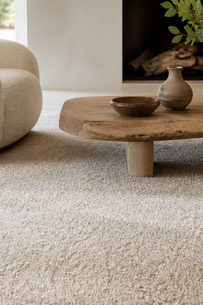 A low pile rug with a shag-like texture in cream, showing soft loops and a gentle gradient in the pile direction.