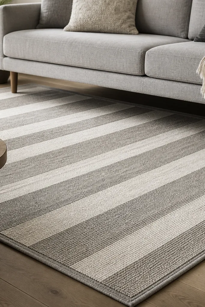 A warm gray and white striped rug with alternating bands, low pile, and a subtle border. It sits under a sofa with legs visible.