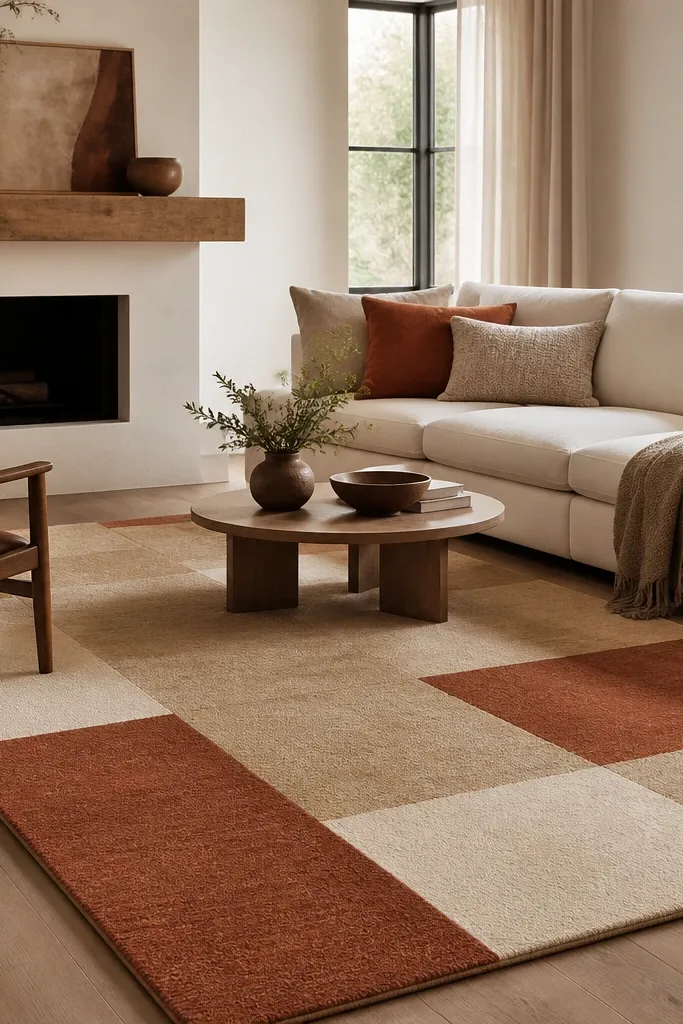 A block pattern rug in rust, cream, and muted tan with a simple grid-like layout and low pile.