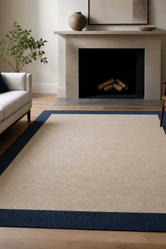 A rug with a navy outer border and a beige center field. The border is crisp and the rug has a low, even weave.