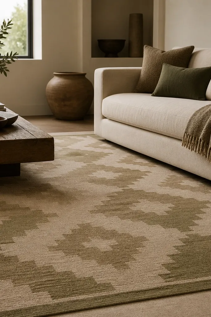 A geometric rug with sand and olive tones, low pile, and repeating diamond-like shapes. The pattern is muted and the edges are clean.