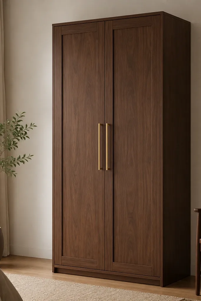 A tall walnut-finished wardrobe with simple shaker-style panels on the doors, two long vertical handles in brushed brass, and a matte finish; the top has a flush crown line and the bottom sits on a slim plinth.