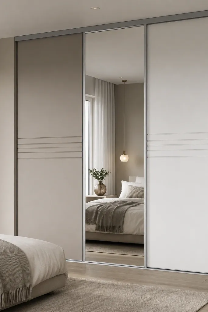 A sliding almirah with one side in matte greige and the other in matte white; a vertical mirror panel runs between them, framed in thin silver trim, with three slim grooves on the greige sections.
