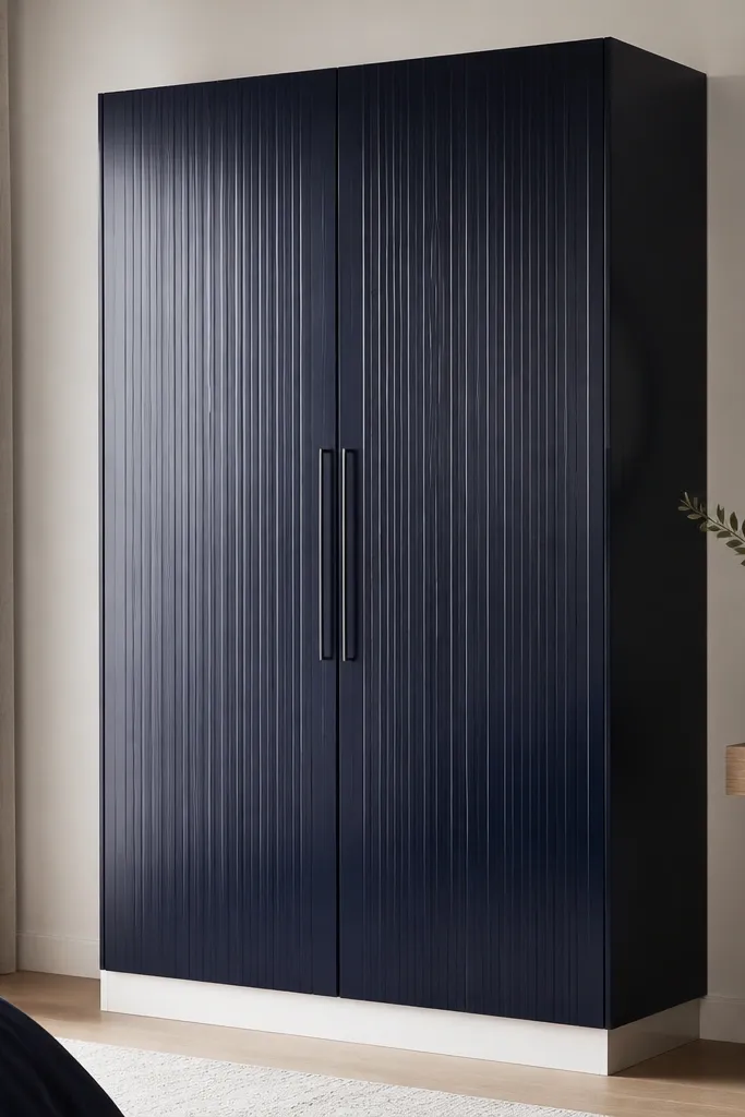 A deep navy lacquer wardrobe with two tall doors, each door has vertical grooves that catch light; handles are minimal - thin, elongated pulls in black nickel; the base is a flat white toe-kick.