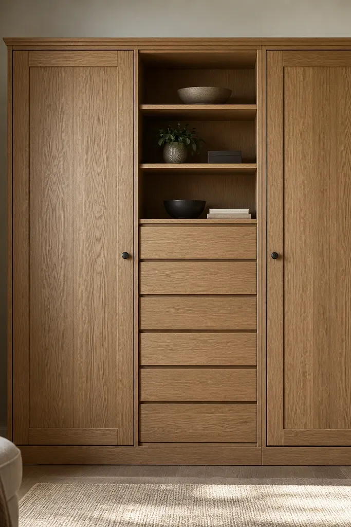 An oak wardrobe where the center has a tall drawer column with multiple horizontal drawer fronts; above it is a narrow open shelf section, and the sides have closed cabinet doors.