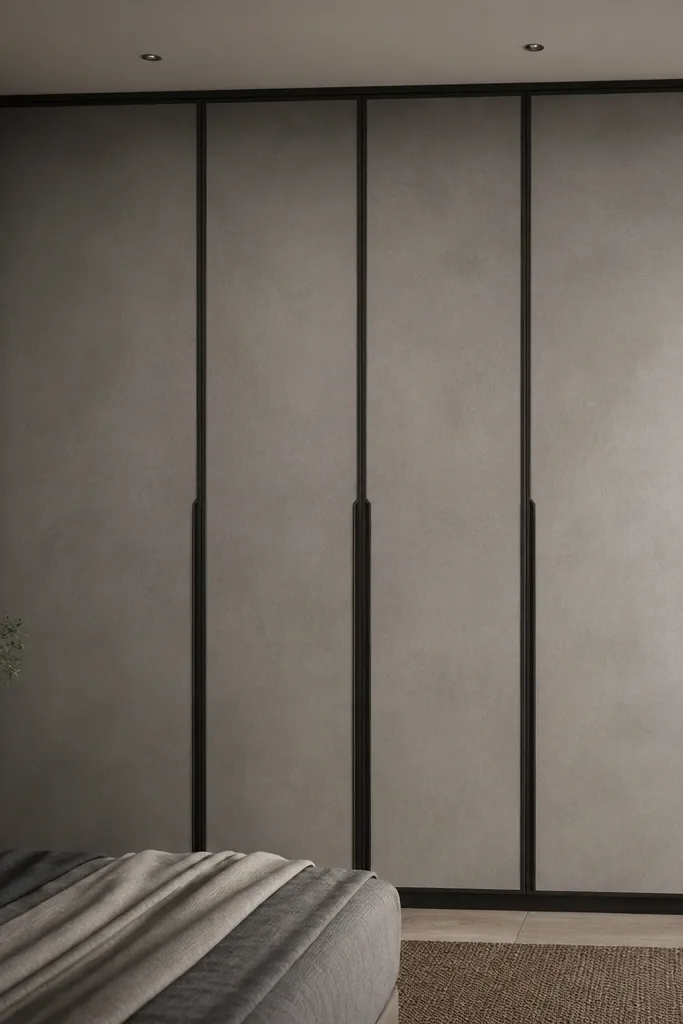 A framed wardrobe with a matte black border around each door; the door faces are cement grey with subtle texture, and the handles are recessed line pulls in black.
