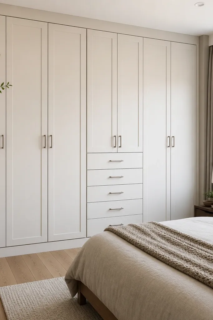 A white wardrobe that looks built-in, with chamfered edge panels on the doors; the top aligns with a ceiling line, and there's a thin shadow gap between the wardrobe and wall.