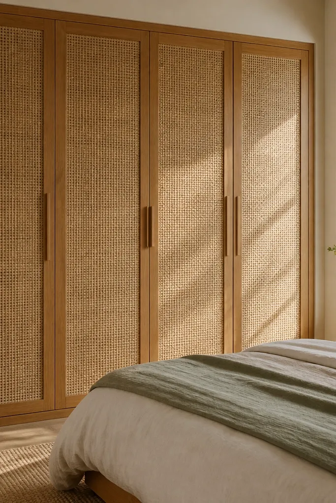 A wardrobe with two doors, each door has a rattan inset panel framed in light teak; the rattan pattern is visible and airy, with slim curved handles in brass.