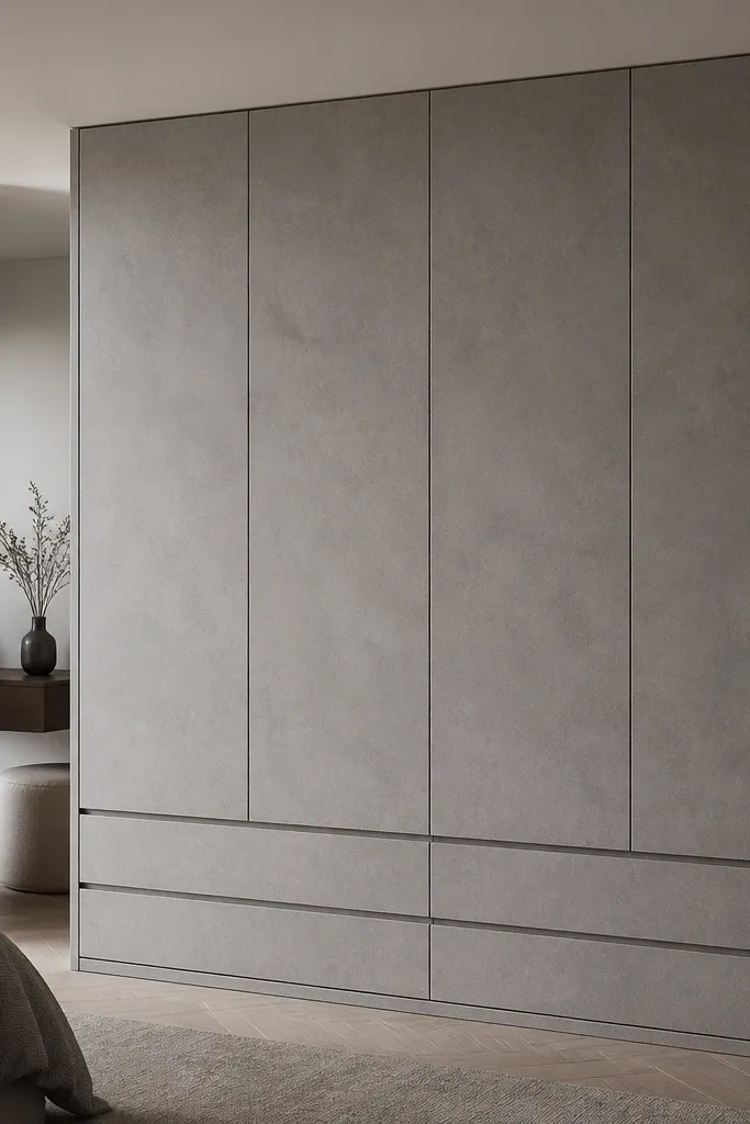 A full-height wardrobe in gray concrete-look finish; doors have hidden push-to-open channels, and the bottom section is a wide drawer base in the same color with clean straight lines.