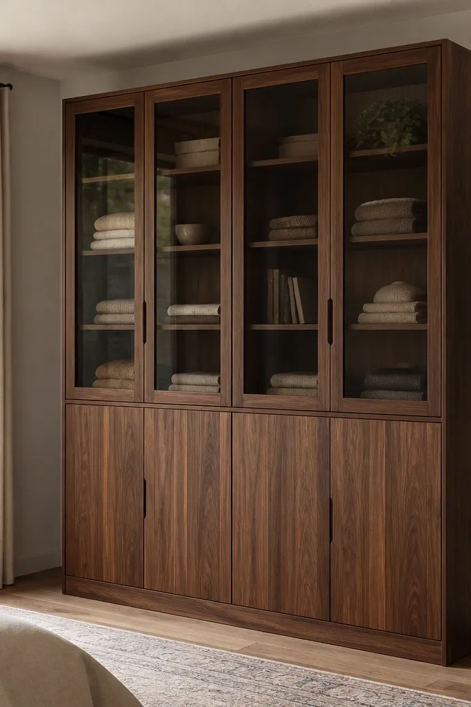 A wardrobe with lower solid walnut doors and upper glass-front cabinet; the glass is smoked or clear with a walnut frame; inside are neatly arranged folded items and a small decor shelf.