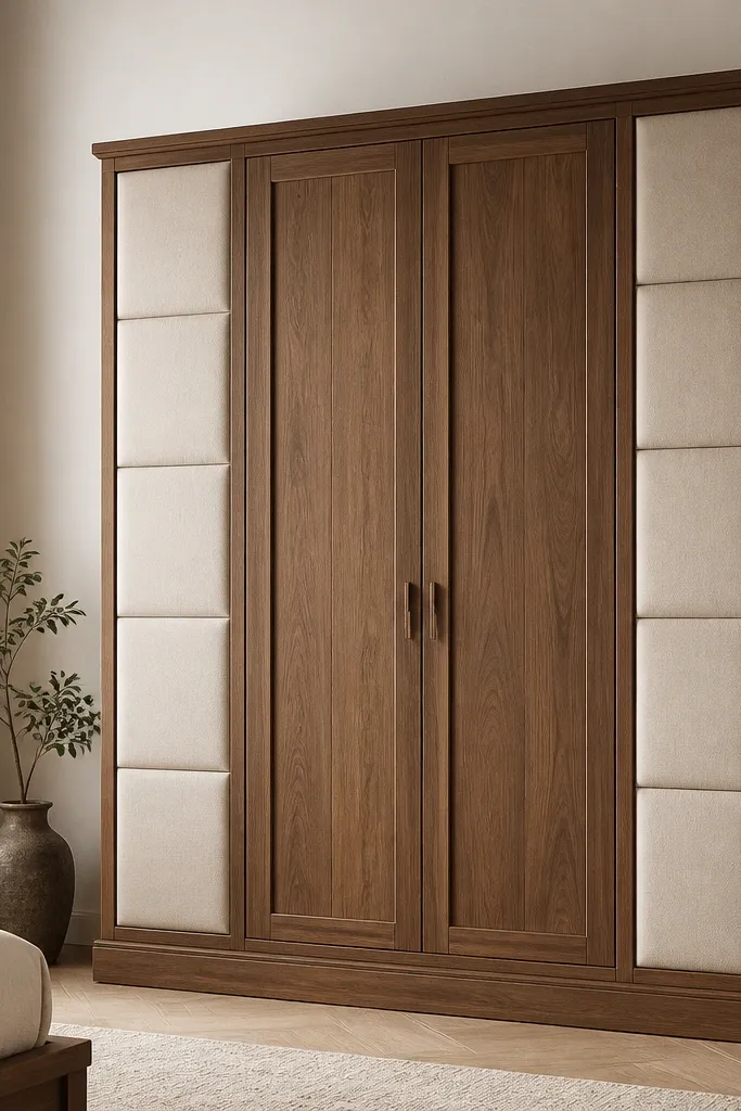 A wooden wardrobe with upholstered beige side panels and a wooden door front; the upholstered sections have subtle stitching and sit flush to the wood trim.
