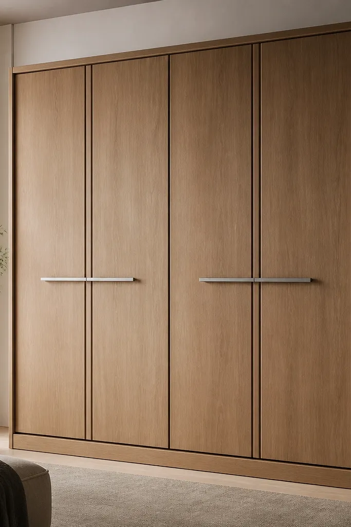 A wide wardrobe with two large doors; each door has a vertical channel groove near the center, creating a bold line; handles are long horizontal pulls in brushed steel.