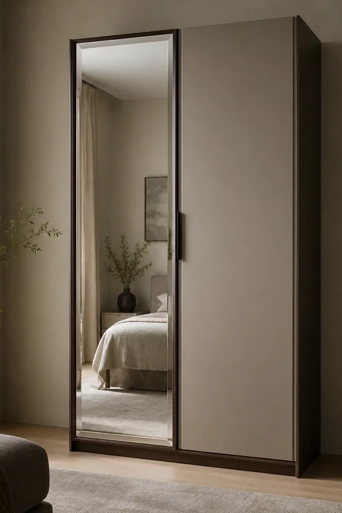 A wardrobe with one full-height mirrored door; the mirror has a beveled edge and a thin, dark wood frame; the other door is solid matte in warm taupe.