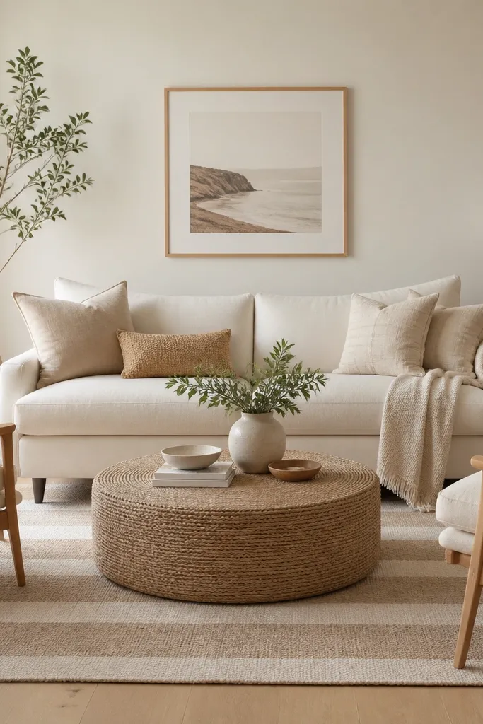 A living room scene showing a cream fabric sofa with front legs sitting on a flatweave rug in sand and oatmeal stripes. Side chairs are light wood with neutral cushions. A round jute coffee table sits centered; walls are warm white with a simple framed print.