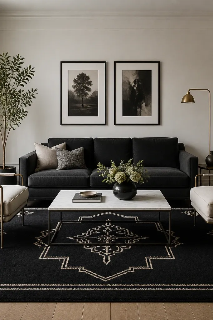 A crisp living room with a dark charcoal sofa and two armchairs. The rug is a black background with ivory medallion lines and small corner motifs. Brass floor lamp, black framed art, and a light marble-style coffee table.